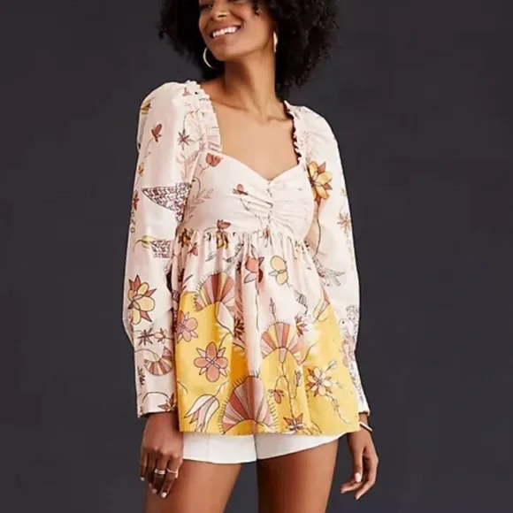 Anthropologie Let Us Be Poplin Whimsical Puff Sleeve Babydoll Blouse with Ruffle - Picture 2 of 13